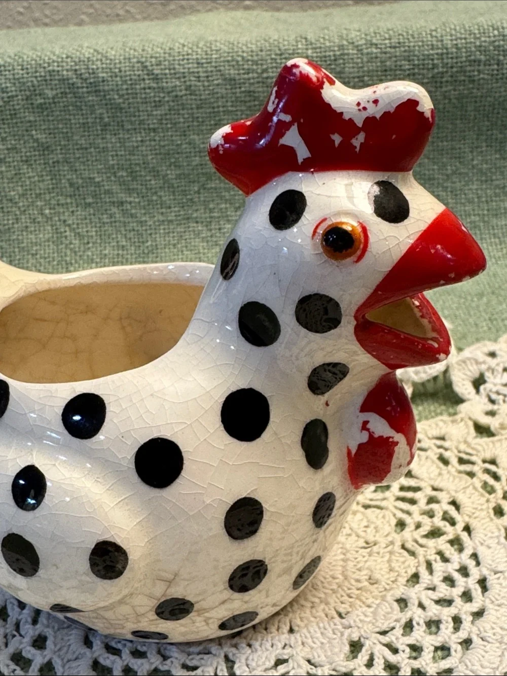 Rustic Lefton Matching Polka Dot Rooster/Chicken Sugar Bowl and Creamer